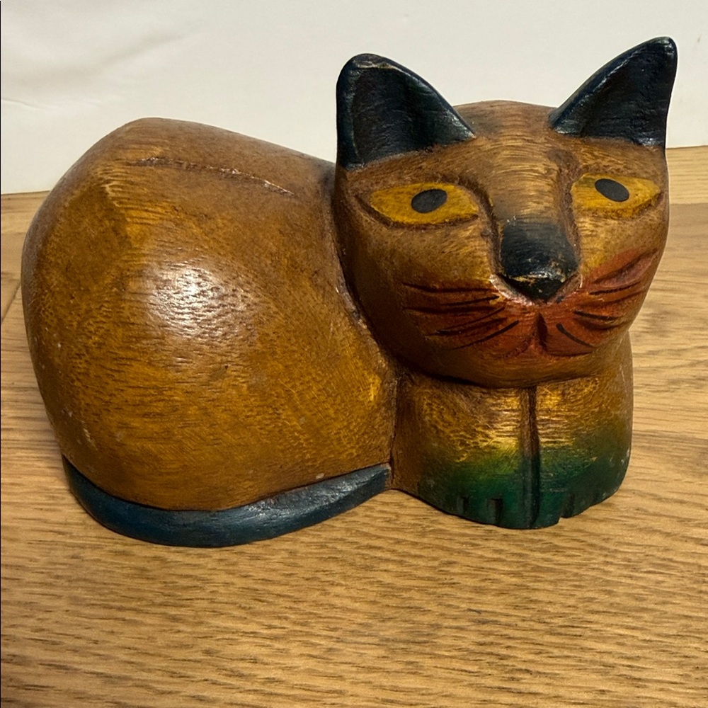 Wooden Hand Carved Cat Figurine